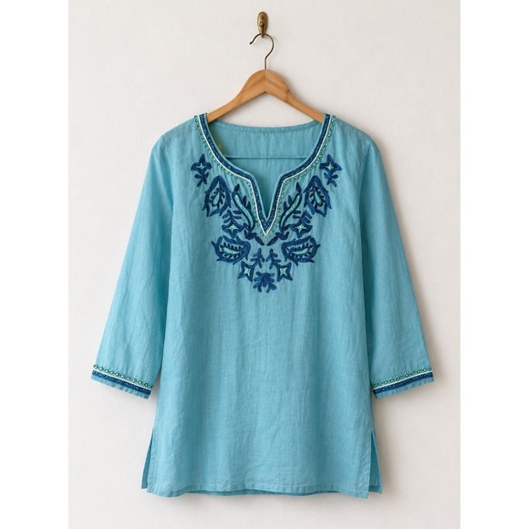 Journal Tops - Journal Embroidered Tunic Women 6 Turquoise Blue Beaded Boho Cotton Top Cottage